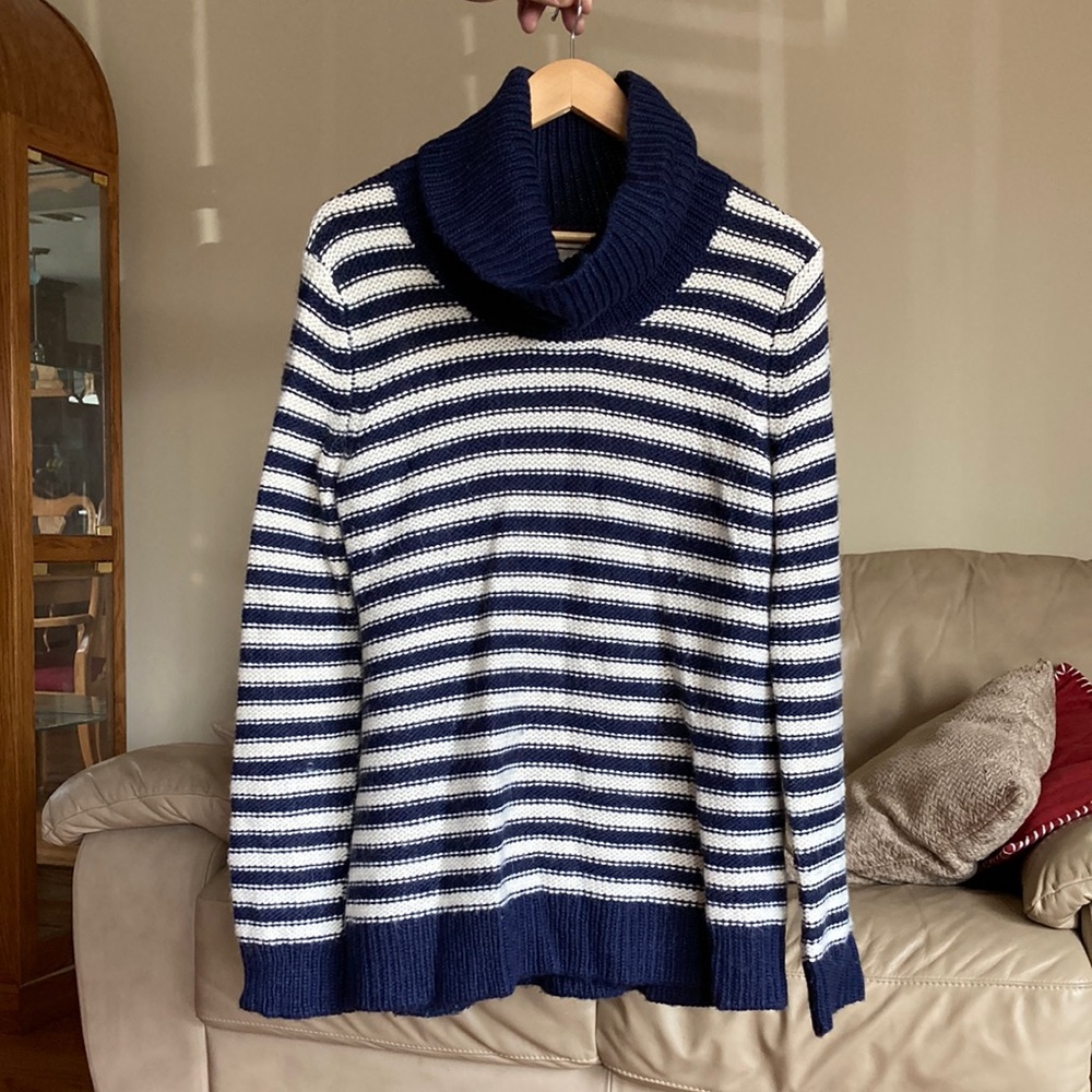 Banana Republic Blue and white striped Woman’s sweater with cowl neck.